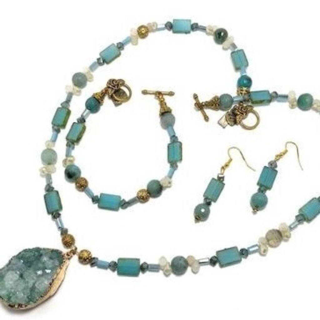 Handmade Jewelry Set By Surdigirl - Dyed Aqua Quartz, Blue Agate, Glass